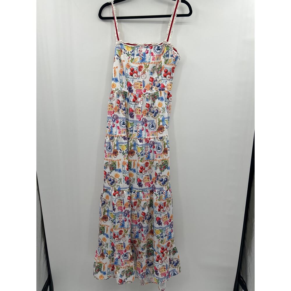 Rareraw Maxi Dress Large Fruit Print Italian Summer Tie Back Tiered Sundress
